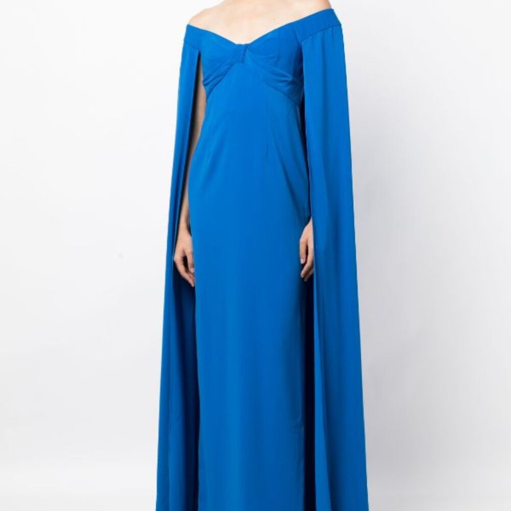 Marchesa Electric Blue Off-Shoulder Cape Maxi Dress